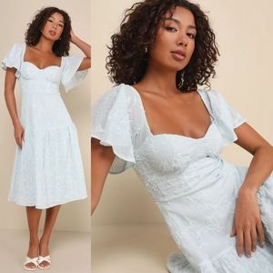 Lulu's Sweetly Beloved Light Blue Embroidered Floral Bustier Midi Dress NWOT
